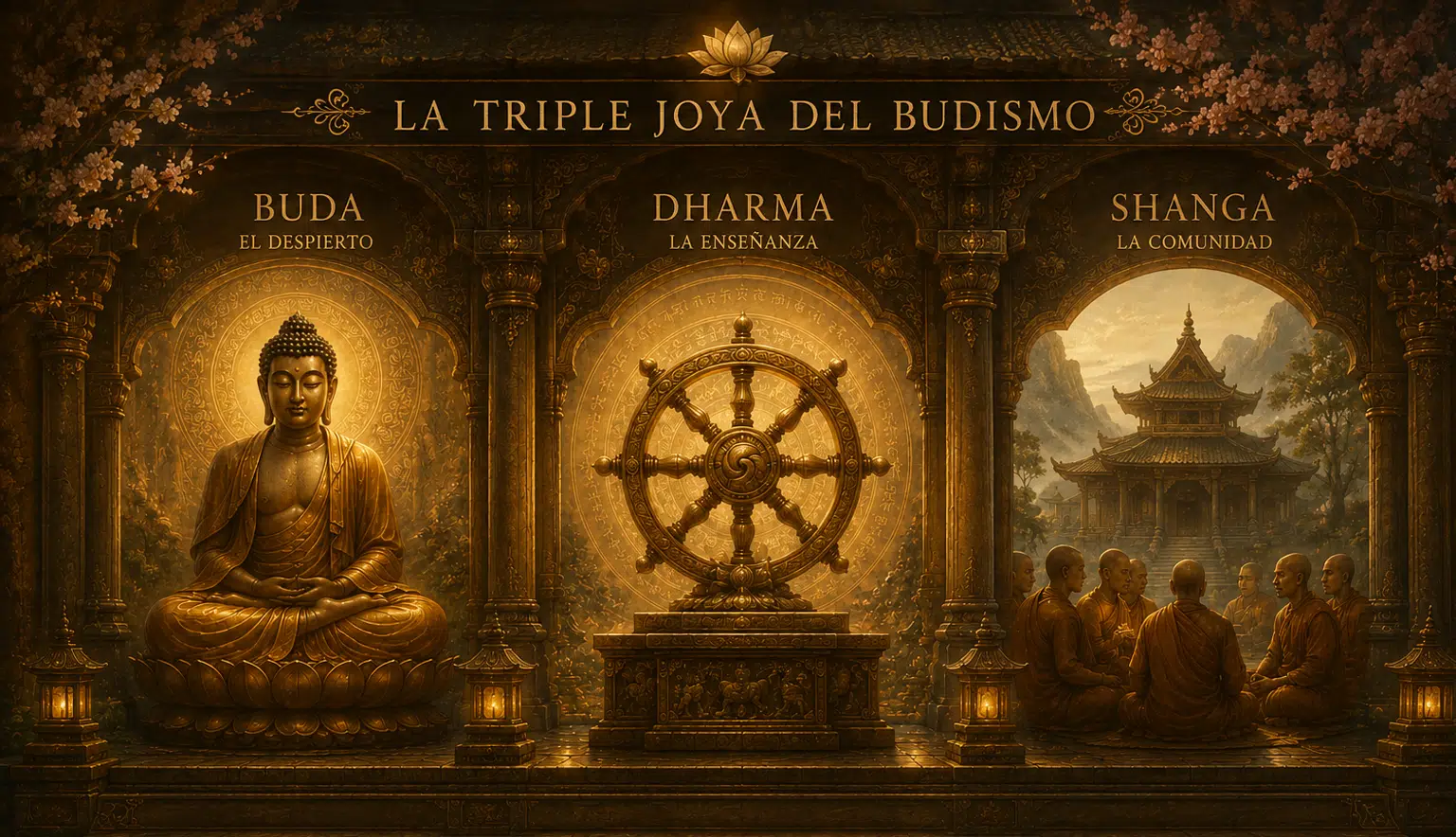 Rueda del Dharma y las Tres Joyas